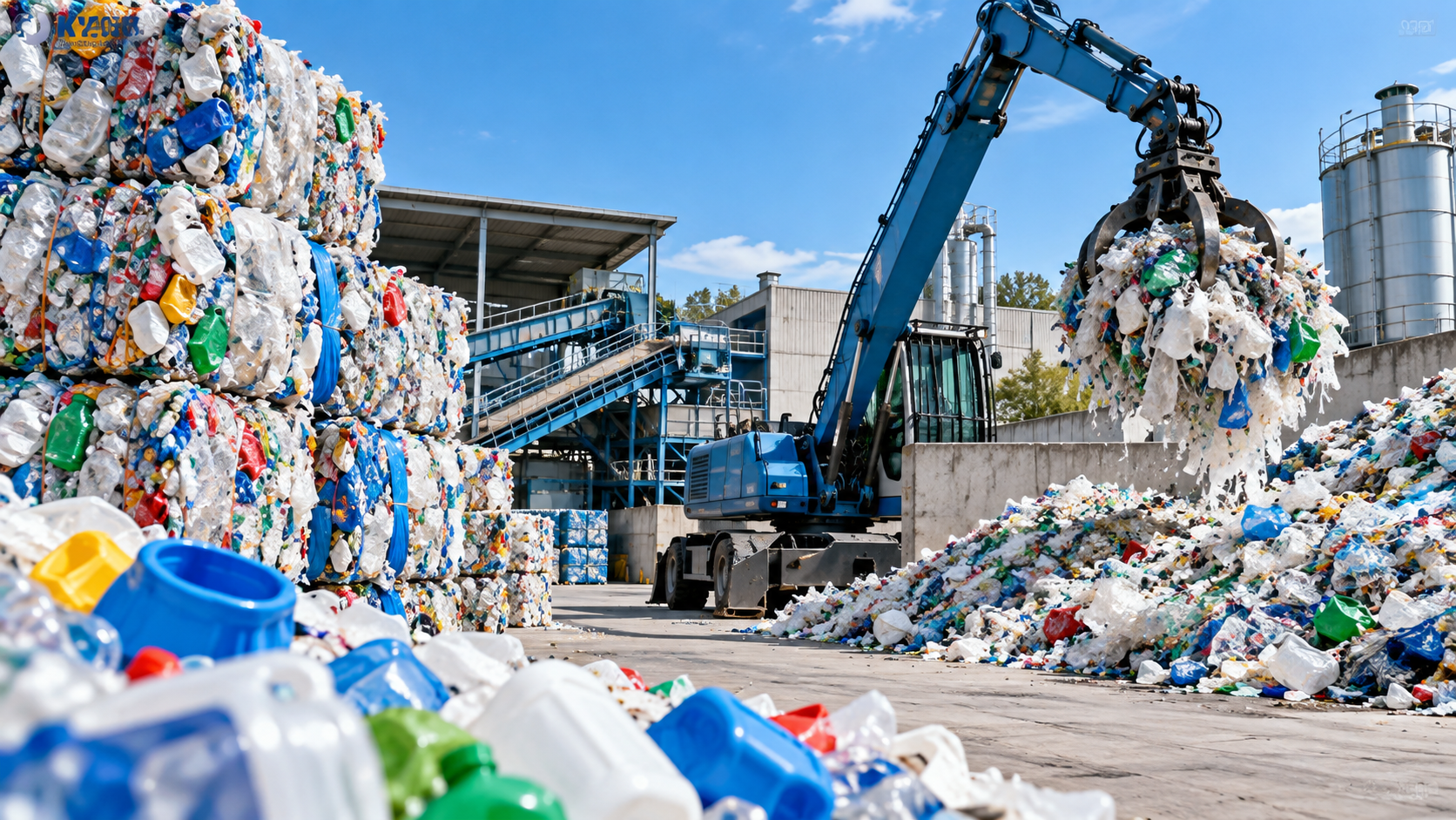 Kunststoff-Recyclinghof mit sortierten Kunststoffballen und Umschlagbagger